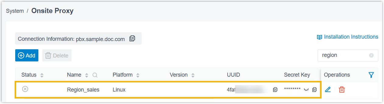 The Onsite Proxy list with an instance and its generated connection details