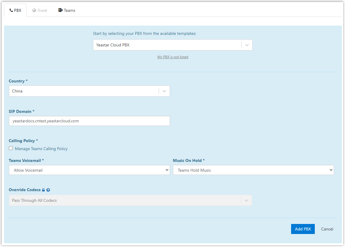 Form for adding the Cloud Voice PBX service to the integration
