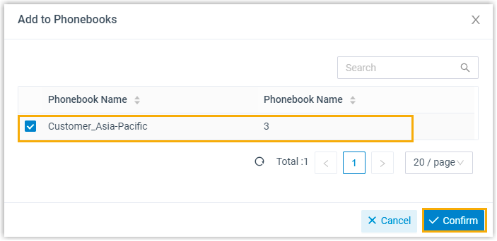 The Add to Phonebooks dialog listing phonebooks with selectable checkboxes