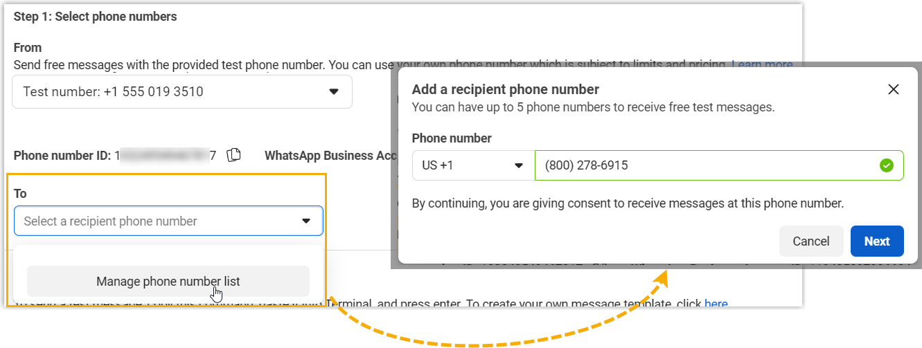 To drop-down list where a recipient number is added