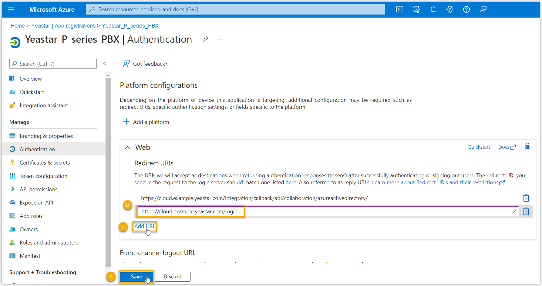 Cloud Voice, adding a redirect URI under the Web platform