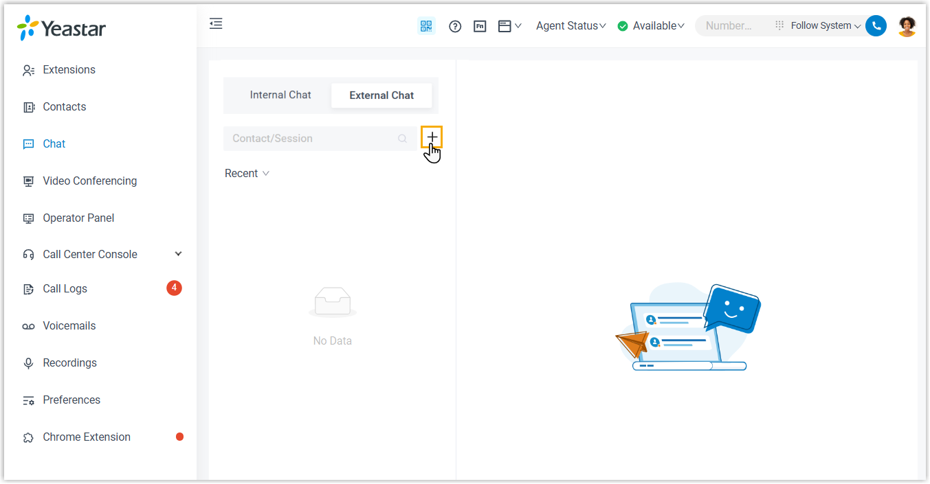 Cloud Voice, the External Chat view with the add-session control