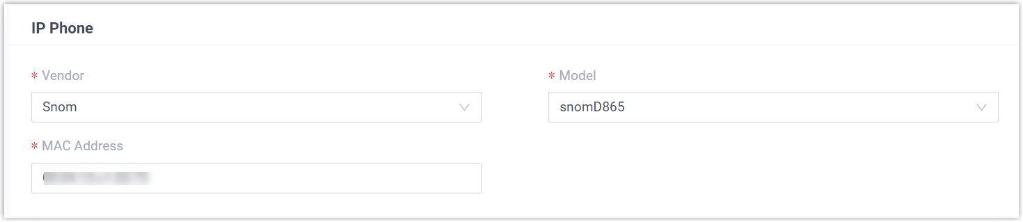 New phone form with vendor, model, and MAC address fields