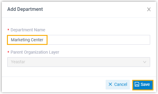 Dialog for adding a department beneath the root organization