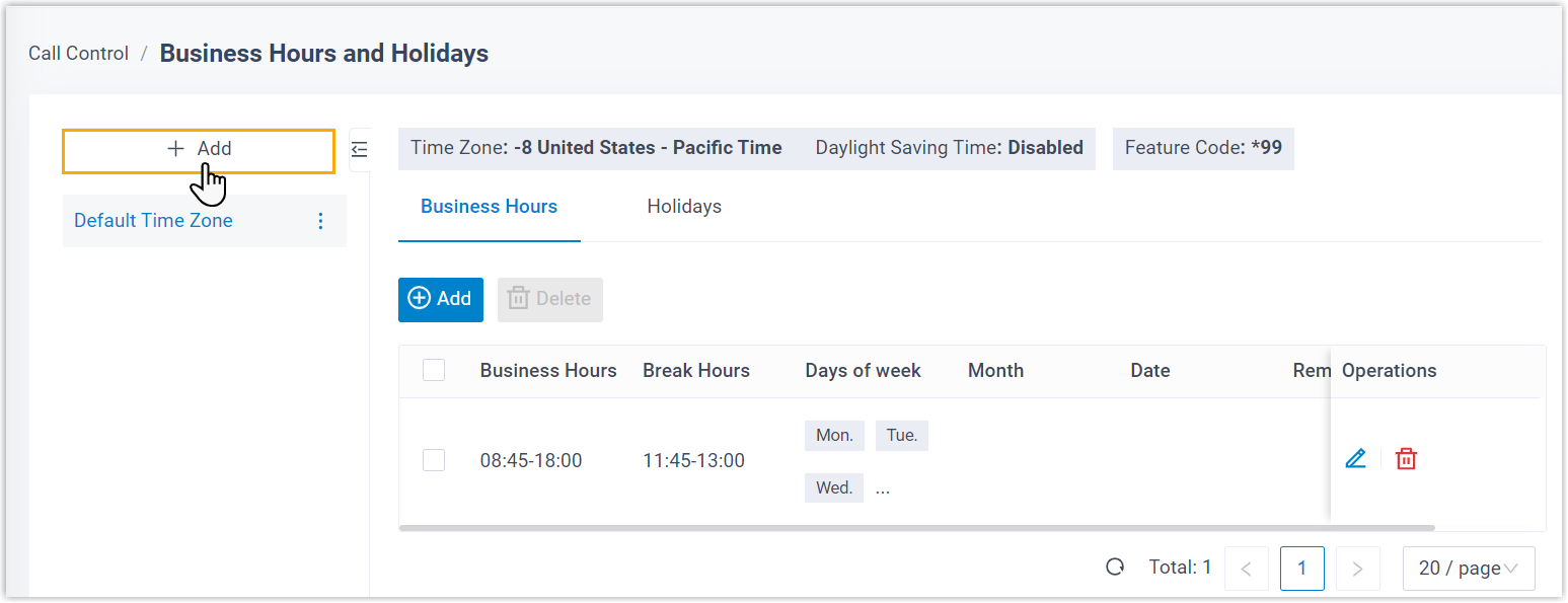 The Business Hours and Holidays side panel with the option to add a new time zone