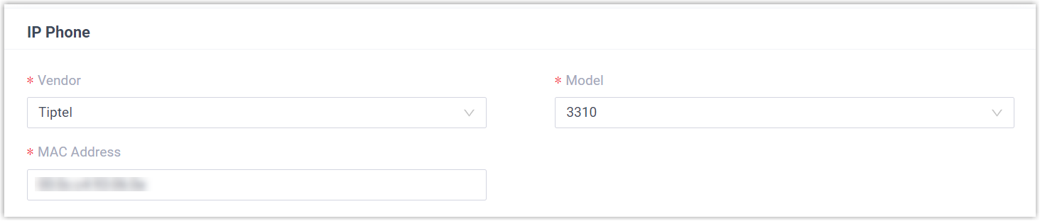 New phone form with fields for vendor, model, and MAC address