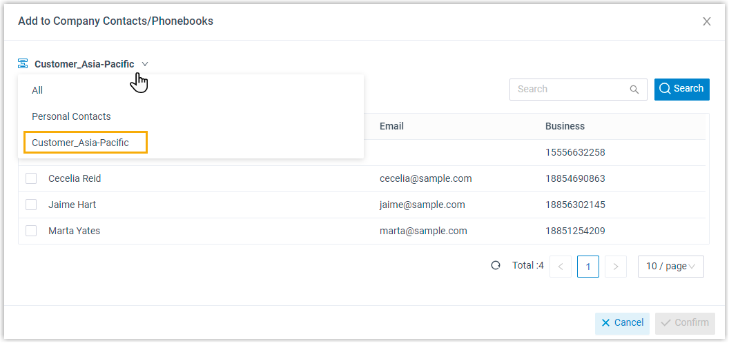 The Add to Existing Contact view with a phonebook selected and its contacts listed
