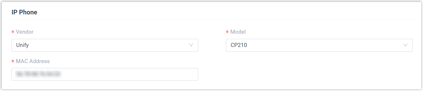 Adding a Unify phone by vendor, model, and MAC address