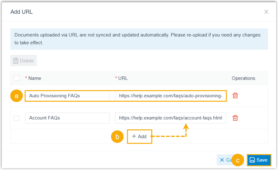 Dialog for entering a name and web address to add a URL to the knowledge base