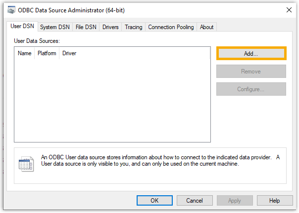 The User DSN tab of the ODBC Data Source Administrator with the Add button