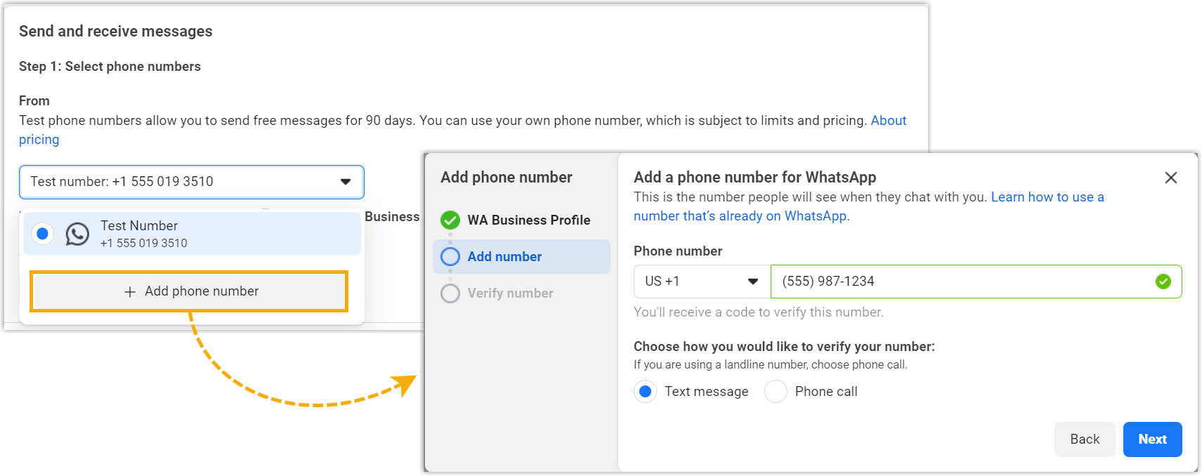From drop-down list with the Add phone number option
