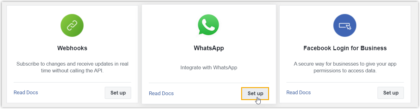 Add products page with the Set up button next to the WhatsApp product