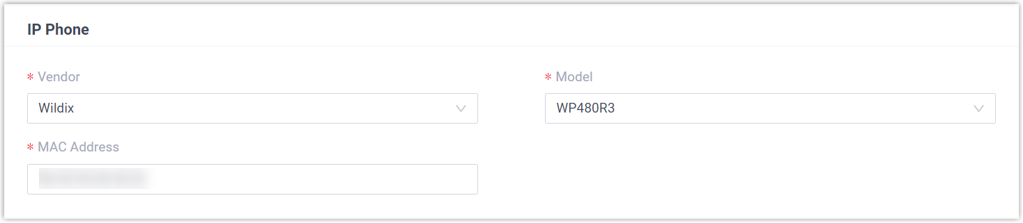 The IP Phone fields filled in with vendor, model, and MAC address for a Wildix handset