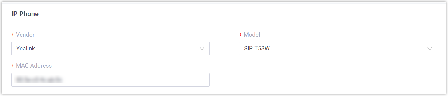 Add phone form with the vendor, model, and MAC address fields