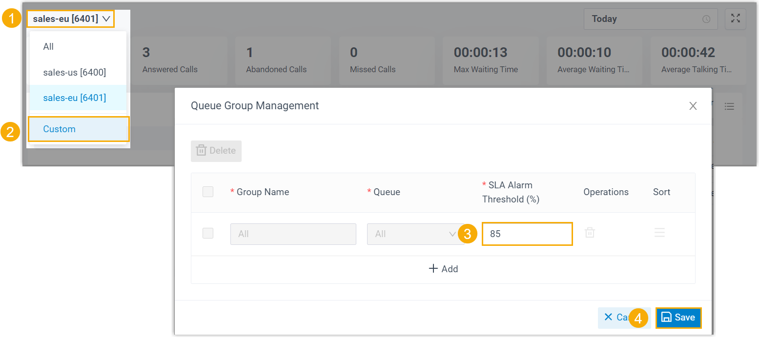 SLA threshold field being edited for the combined queue view