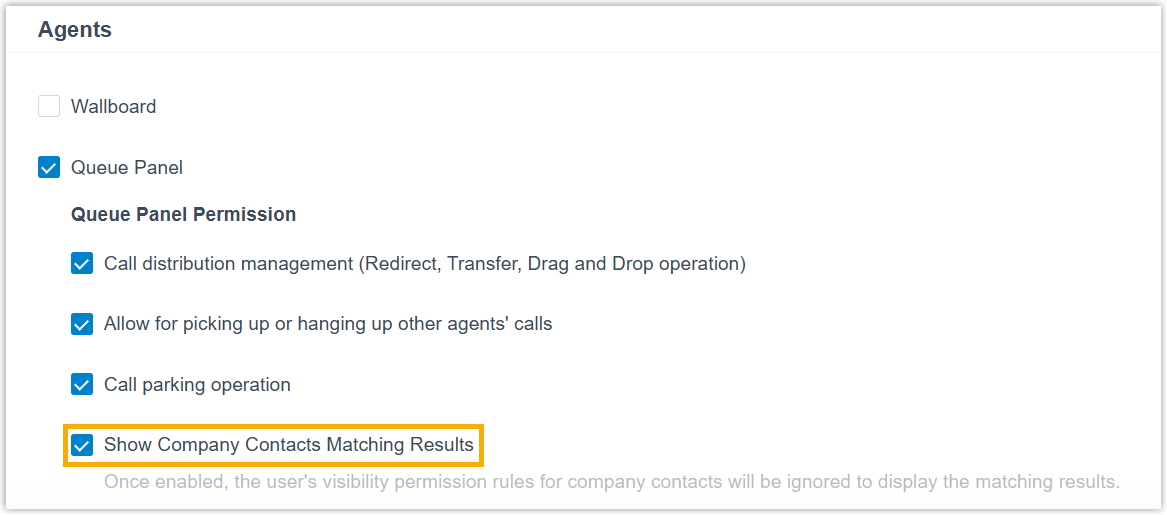 The Agents permission list with the company contacts matching option selected