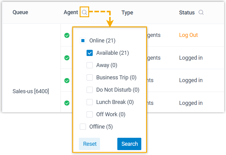 Filter for agents by extension online status