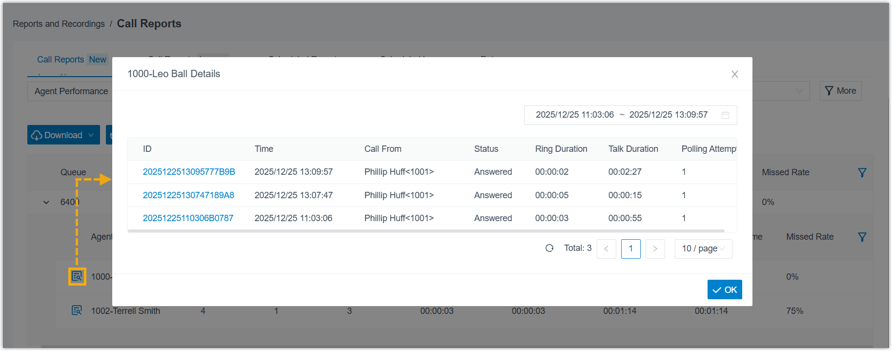 Detailed call records listed beneath an agent's totals