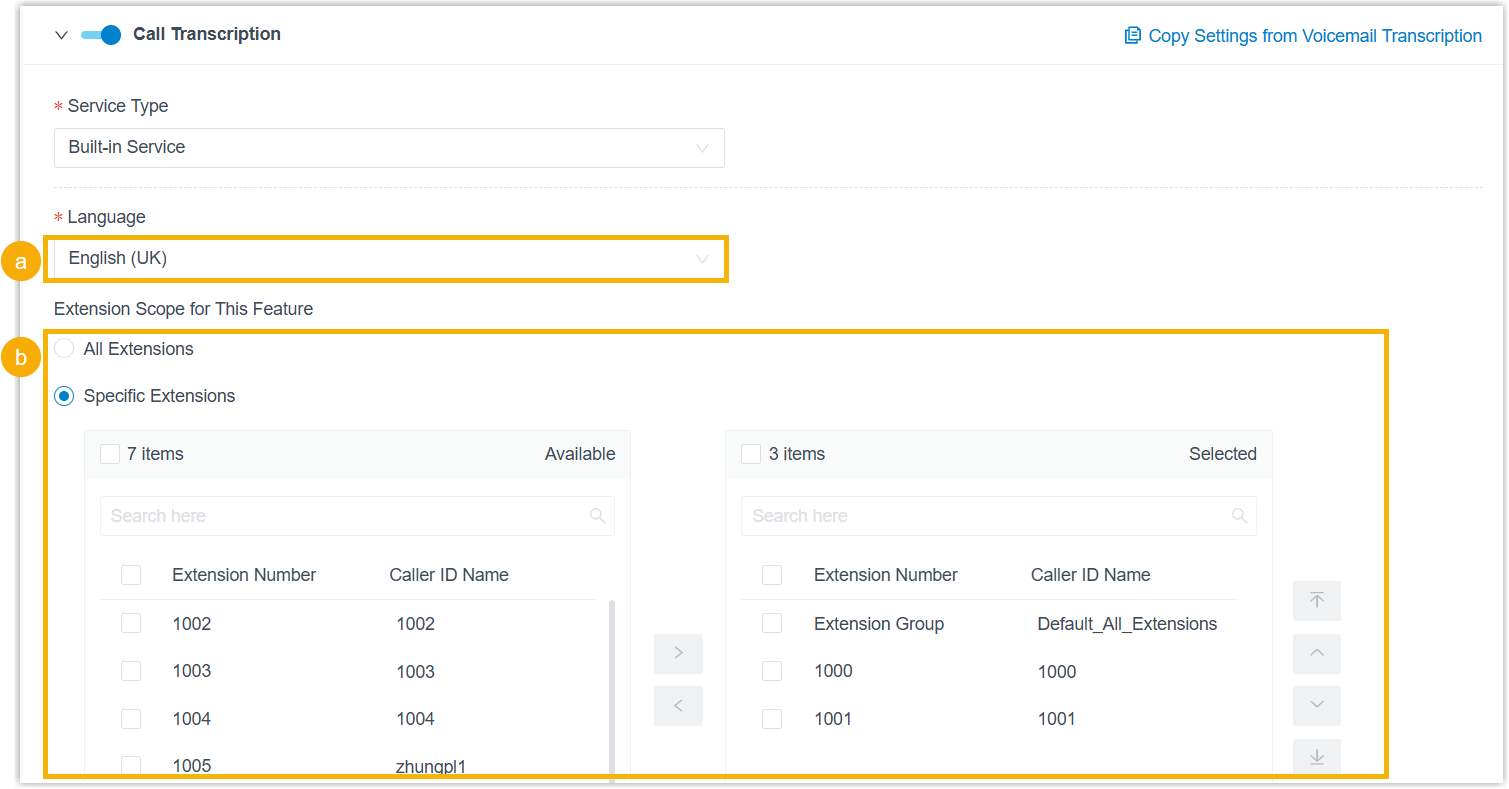 Language and extension scope settings for AI call transcription