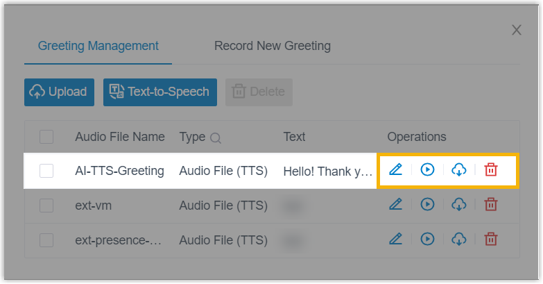 The greeting management list showing saved prompts
