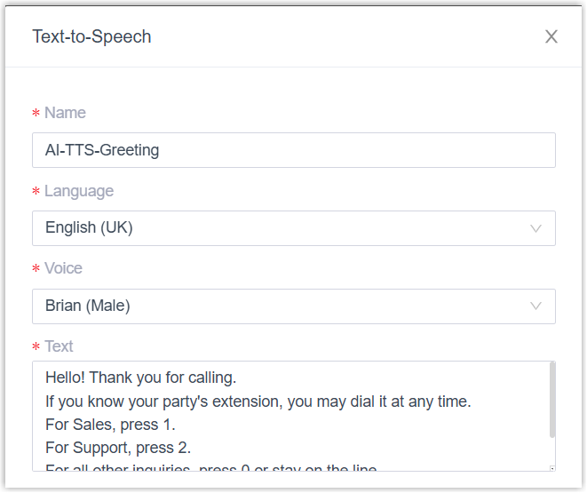 The prompt settings window with fields for name, language, voice, and text