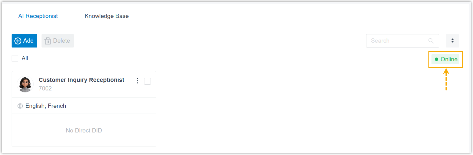 AI receptionist list showing the Online status