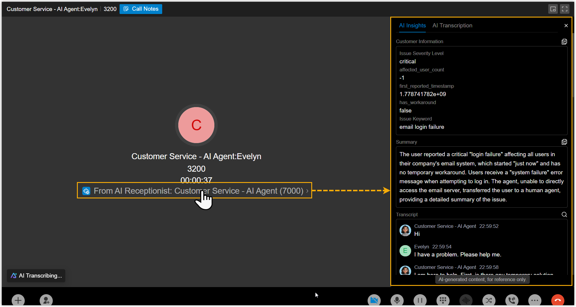 Call window showing collected caller details, transcript, and summary