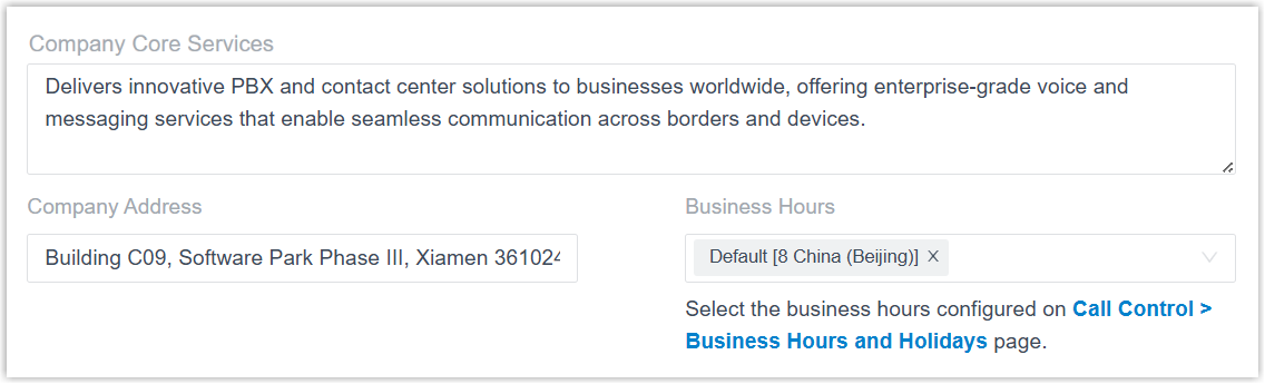 Company information fields for the receptionist