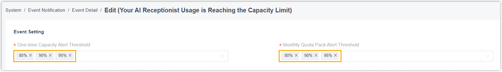 AI receptionist notification threshold settings for one-time capacity and the monthly quota pack