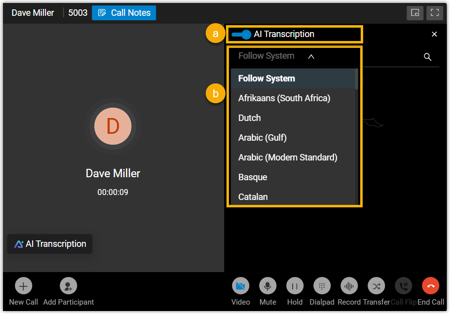 Transcription panel with the AI Transcription toggle and a language selector