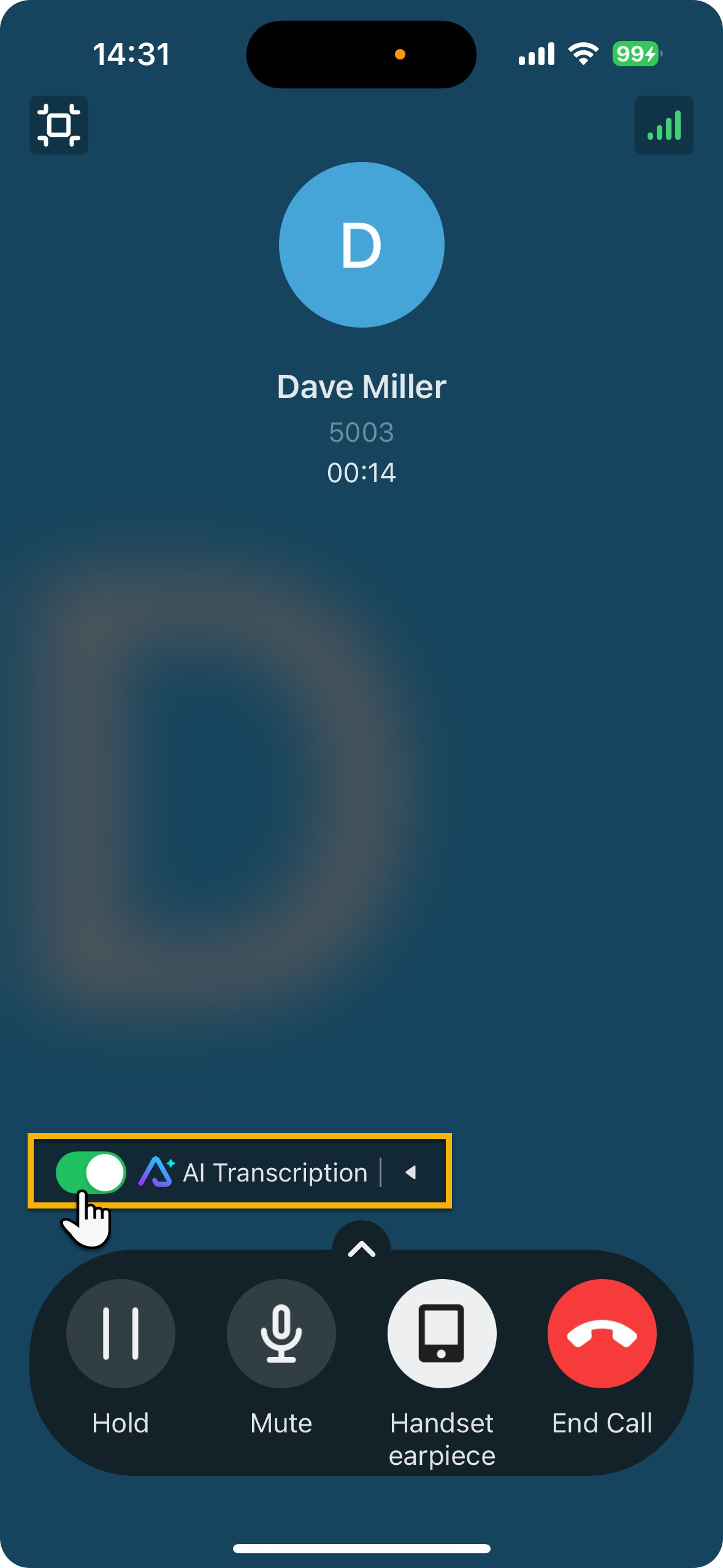 Call screen with the AI Transcription control active