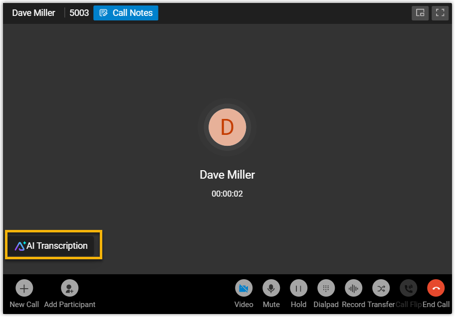 Call controls with the AI Transcription option available during an active call