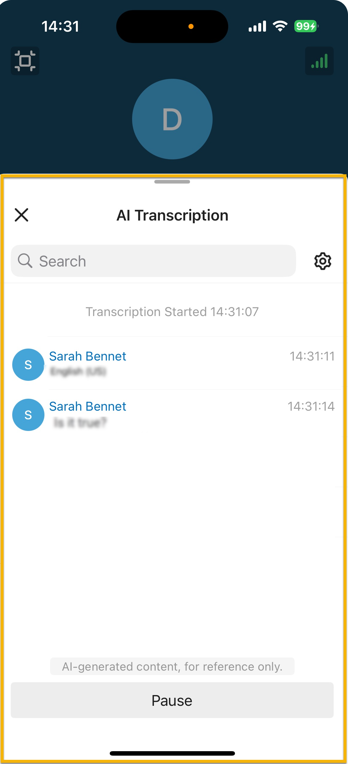 Live transcript filling the AI transcription panel
