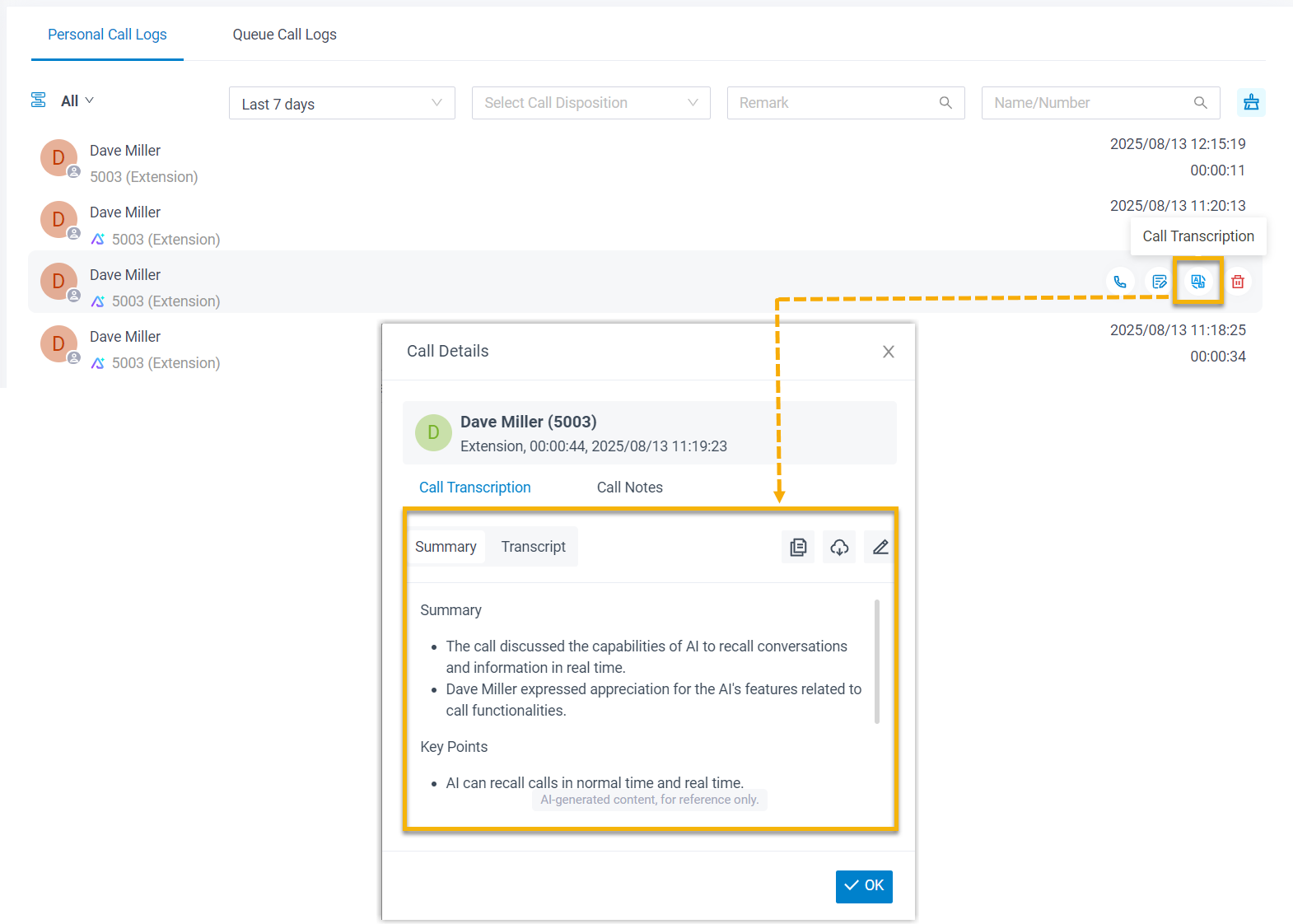 Call log entry showing the generated summary and full transcript