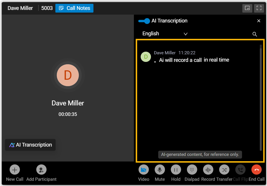 Live transcript building line by line in the right-hand panel during a call