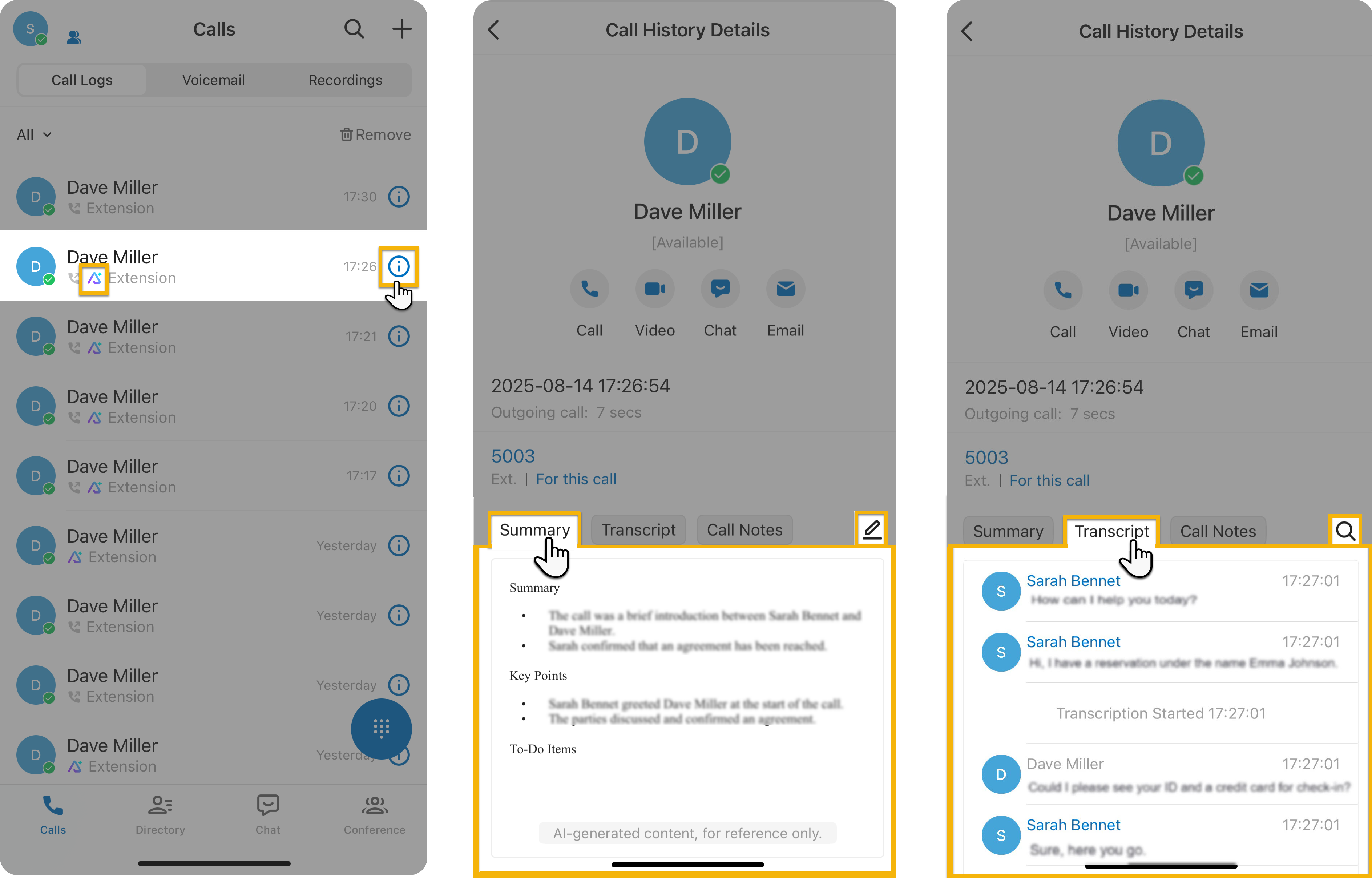 Call log entry showing the post-call summary and transcript