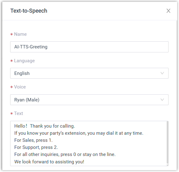 Prompt details dialog with fields for name, language, voice, and the text to convert