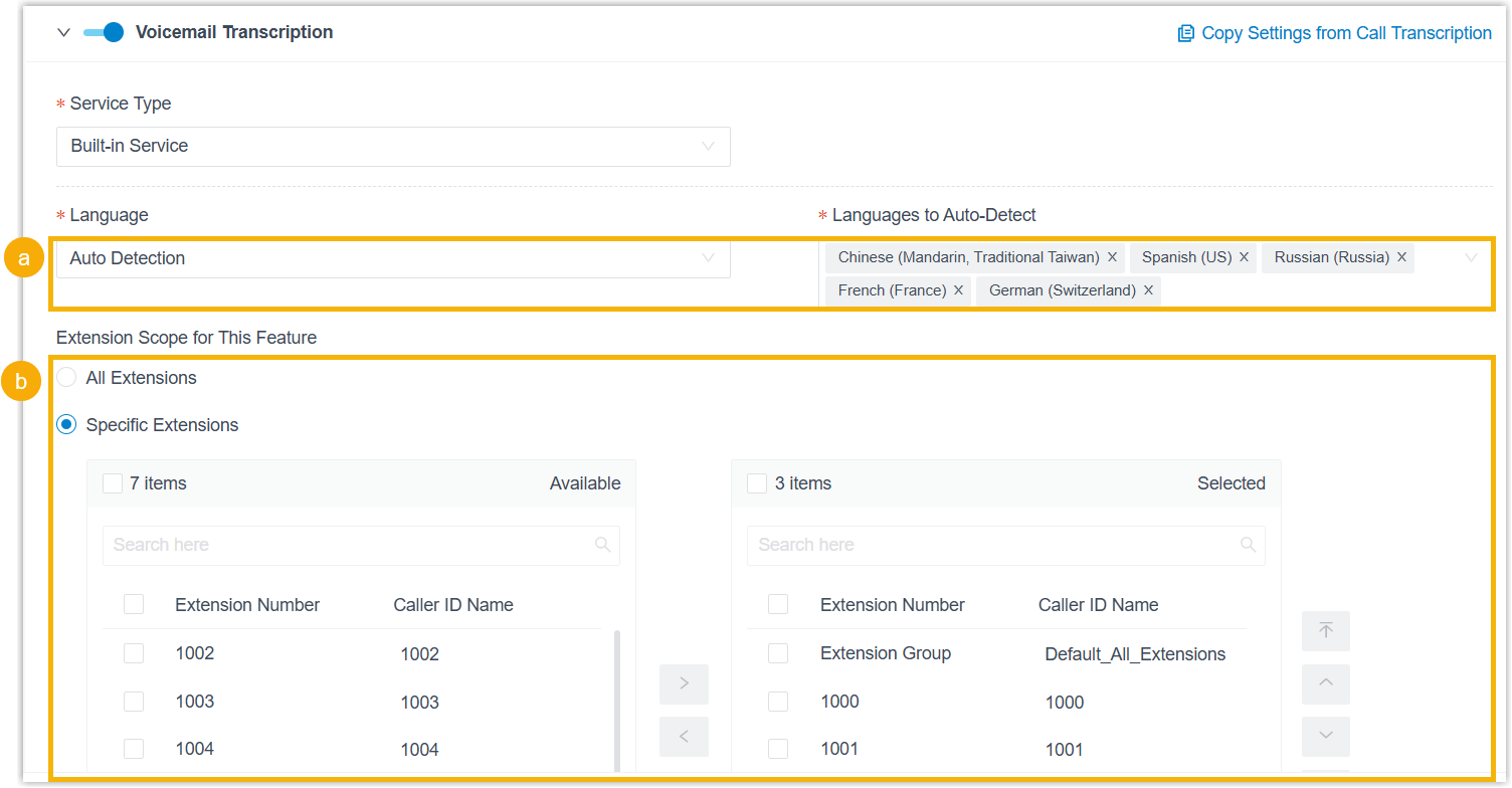 Voicemail transcription language and extension scope settings