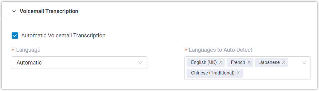 Voicemail transcription options on the AI preferences tab