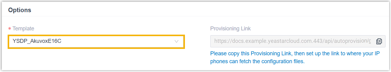 Cloud Voice, template selection with an auto-generated provisioning link