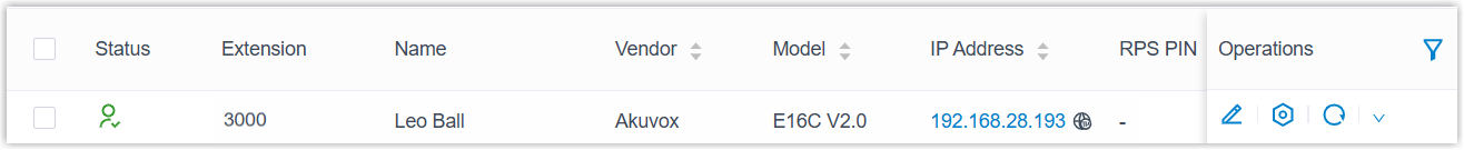 Provisioned Akuvox intercom showing a registered extension in the phones list