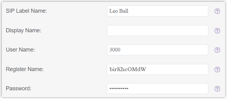 Account fields for the SIP label name, user name, register name, and password