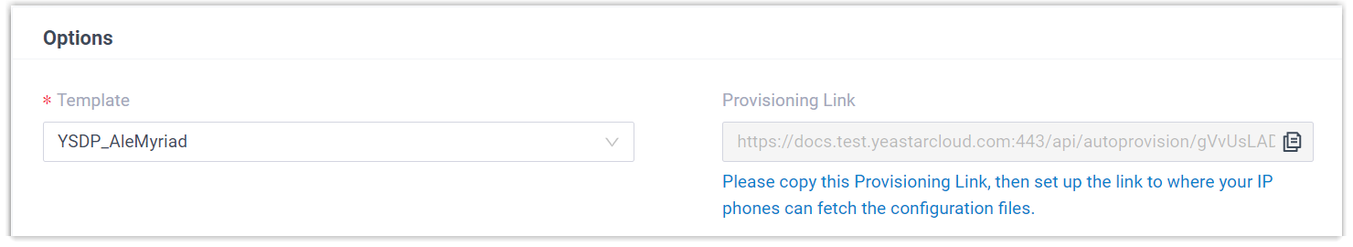 Cloud Voice, provisioning options for the ALE handset, showing the template and the generated provisioning link