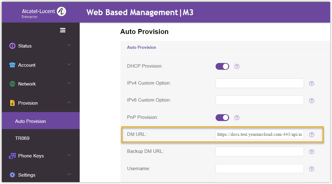 Cloud Voice, the provisioning link pasted into the phone's DM URL field