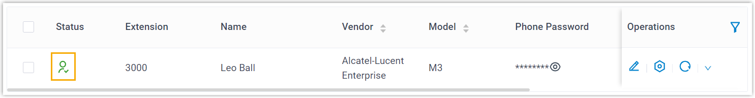 The ALE phone listed as provisioned and registered in the PBX phone list