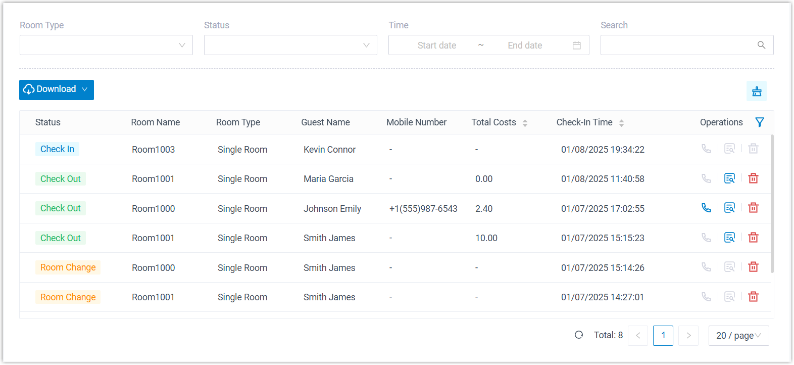 Front desk stay history list with a row for each guest visit
