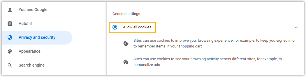 Cookie options in Chrome with Allow all cookies selected