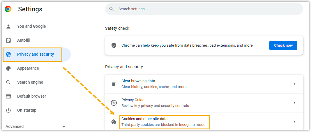 Chrome privacy and security settings with the cookies section open