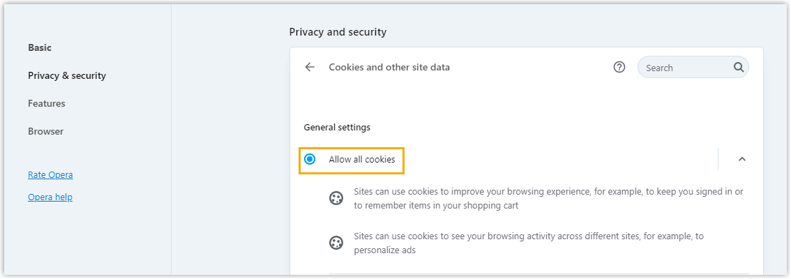 Cookie options in Opera with Allow all cookies selected