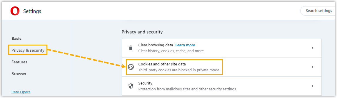 Opera privacy and security settings with the cookies section open